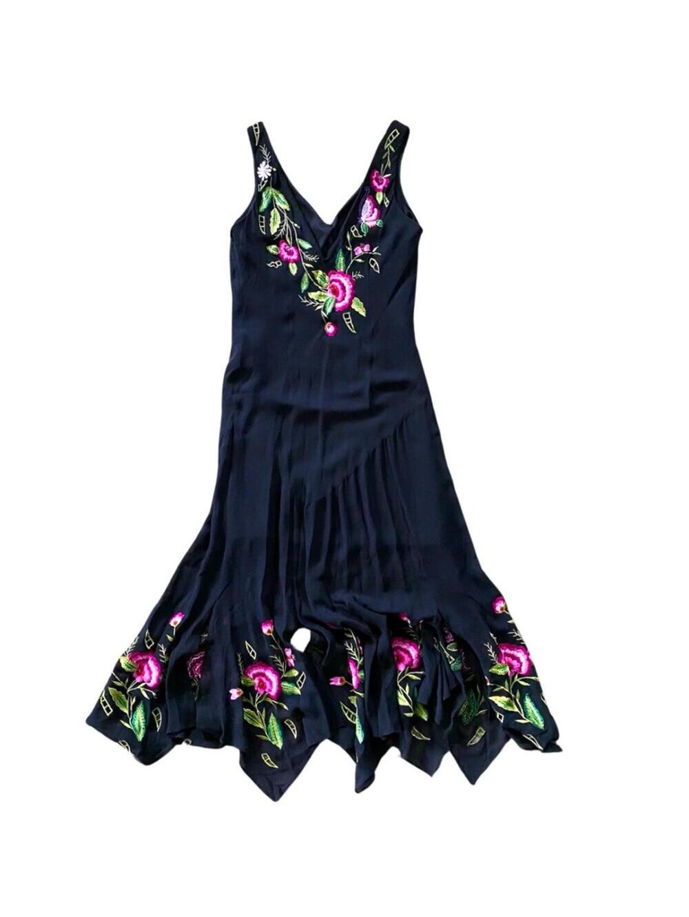 Caché 1990's‎ Hand-Embroidered Floral Silk Handkerchief Dress Vintage Size Small
